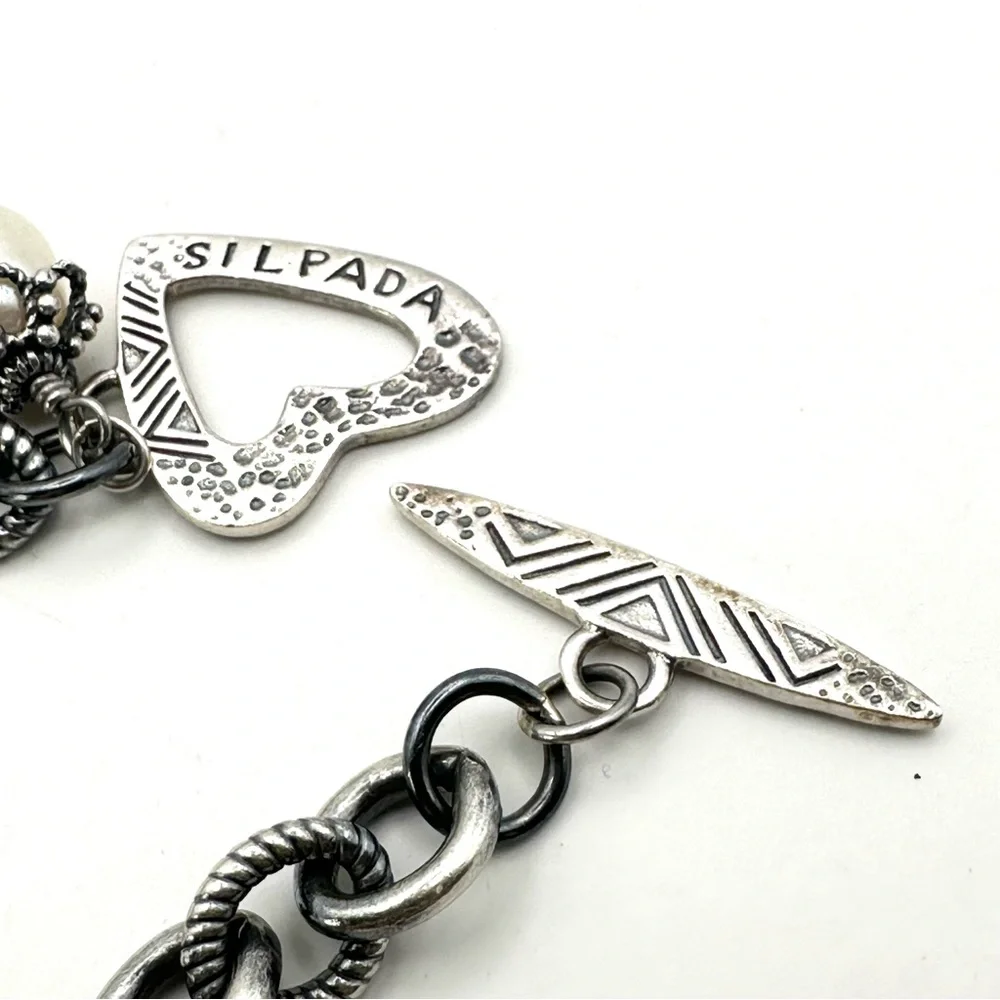 Silpada RETIRED B1241 Rare Pearl Silver Charm Bracelet w/ Heart Toggle